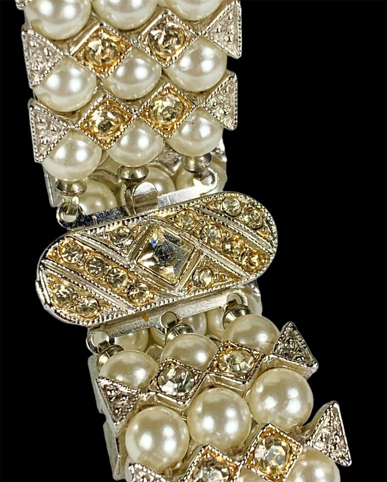 Exquisite Rhinestone Bracelet Costume Pearls Champagne Accents Bejeweled Clasp image 5