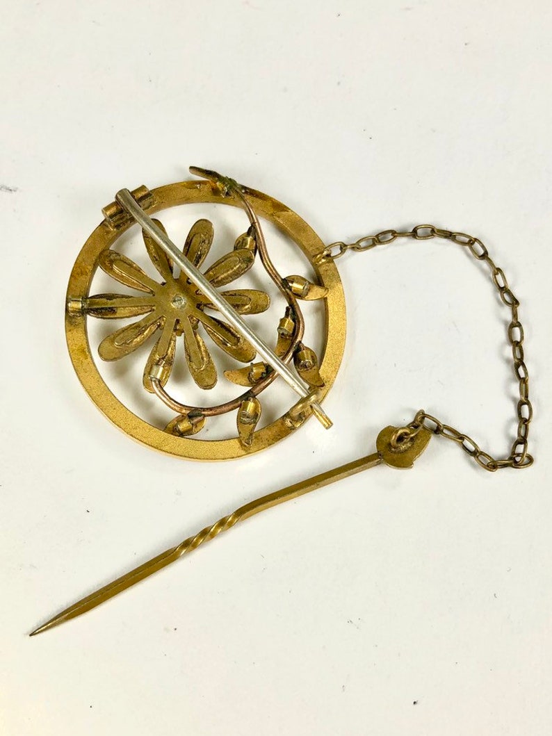 Victorian Daisy Pin Paste Stone Center Gilt Metal Cravat Pin