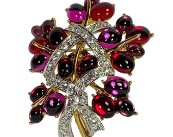 Cindy Adams Brooch Pink And Red Glass Cabs Pave Set Clears Extraordinary Sparkle