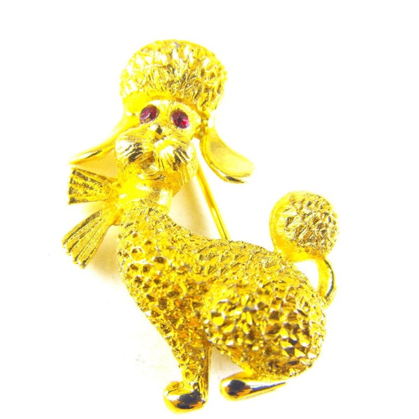 50% Off Sale Poodle Pin Textured Gold Tone Metals Ruby Red Rhinestone Eyes Vintage Figural Dog Brooch