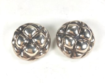 Taxco Sterling Earrings Repousse Button Clips Cactus Flower Motif Signed