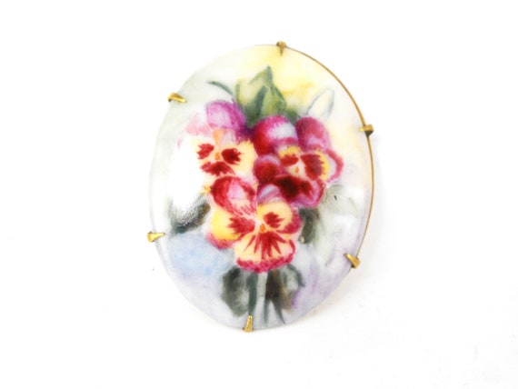 Victorian Brooch Hand Painted Porcelaine Pansies … - image 2