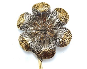 Bronzed Flower Brooch Signed Art Unusual Design Style Cool Piece !