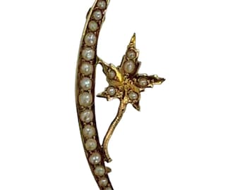 Antique Pin 14k Gold Seed Pearls Crescent Moon And Leaf Motif Sweet Petite Brooch