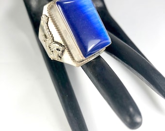 Blue Satin Glass Ring Double Dragon Design Chinese Hallmarks