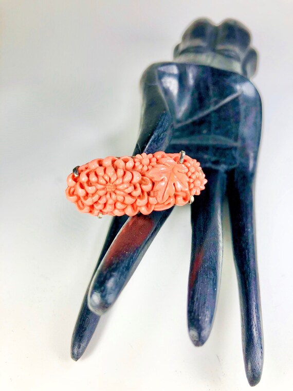 Celluloid Chrysanthemums Brooch Coral Colors Open… - image 8
