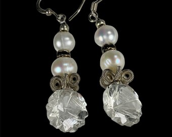 Clear Quartz Carved Flower Earrings Freshwater Pearl Accents