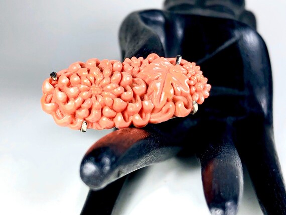 Celluloid Chrysanthemums Brooch Coral Colors Open… - image 5