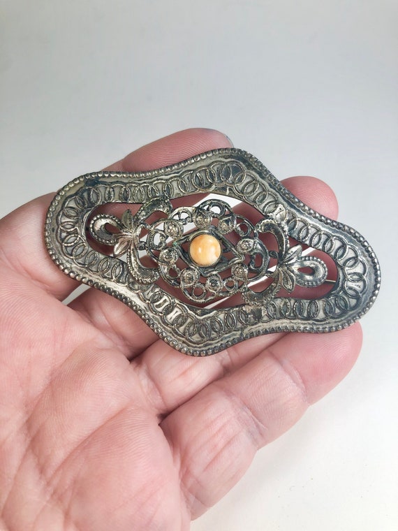 Victorian Revival Sash Pin Coral Tone Bead Gunmet… - image 5
