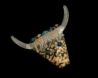 Art Glass Bull Brooch Gold Leaf Details/ Taurus Zodiac /Moo Cow Pin