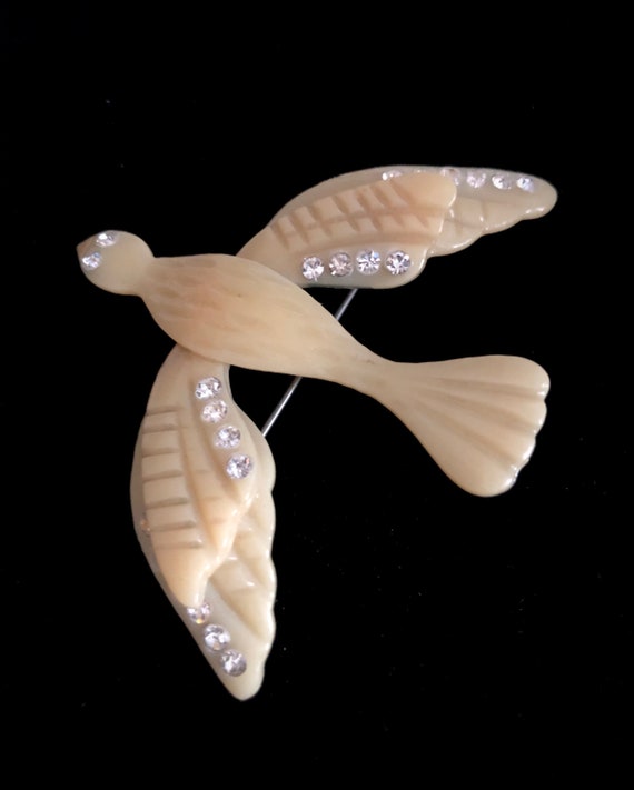 Celluloid Bird Brooch Sparkling Rhinestone Trim