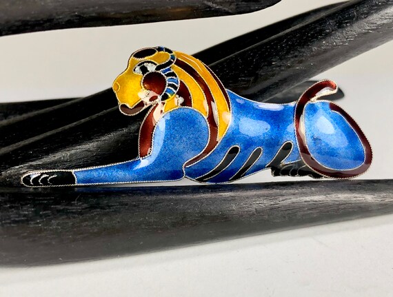 Sterling Enamel Lion Sphinx Vintage Egyptian Reviv