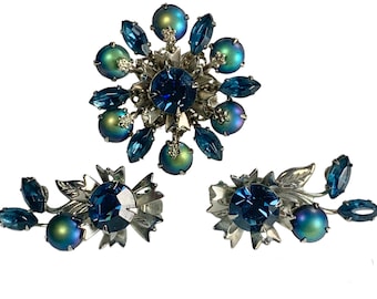 Rhinestone Brooch and Earrings Set Beautiful Shades Of Blue and Green