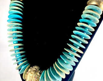 Indian Brass Bead Necklace Turquoise Color Disc Beads Thick Piece