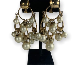 Signed Napier Earrings Drippy Pearl Clip Back Style Chandeliers