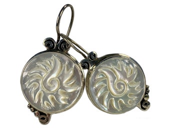 Sterling Mother Of Pearl Earrings Carved Shell Ear Bob Dangles