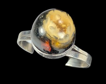 Flower In Resin Ring Sterling Band Vintage Mexico Straw Flower Jewelry