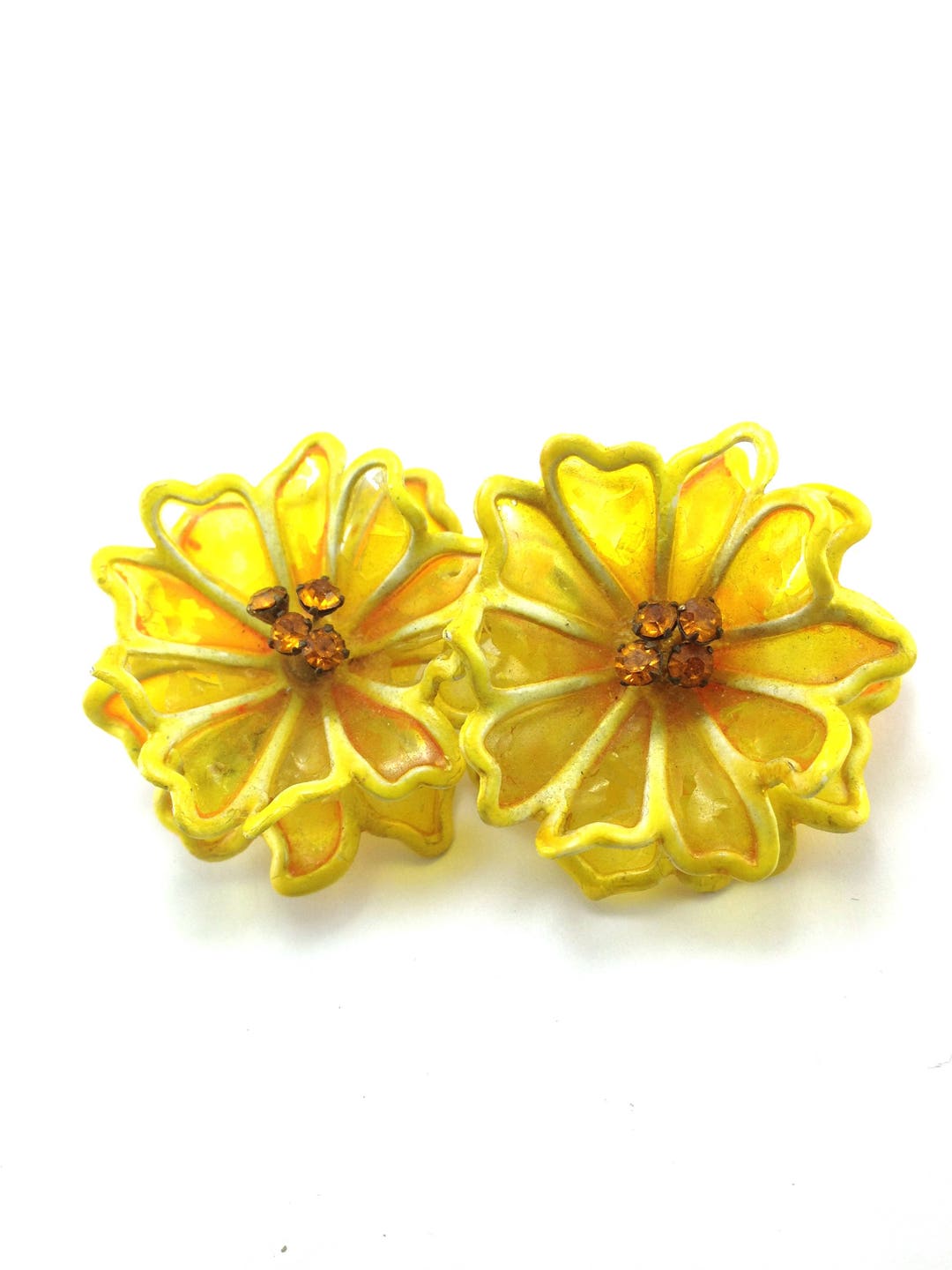 Yellow Flower Earrings Cellulose Acetate With Rhinestone Accents Etsy