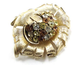 Rhinestone Flower Brooch Signed Corocraft Brushed Satin Finish Collectible Vintage Jewelry