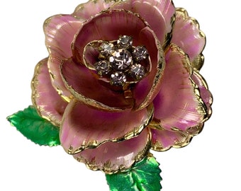 Dimensional Rose Brooch Rhinestone Center Vintage Enamel Metals