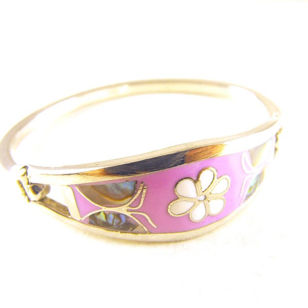 Vintage Bracelet Sterling Mexico Abalone Inlay Lavender Enamel Flower Petite or Child Size