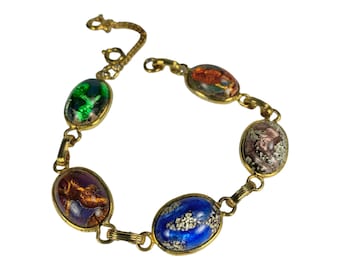Colorful Glass Bracelet Vintage Foiled Cabochon Cuts Iridescent Interior FX