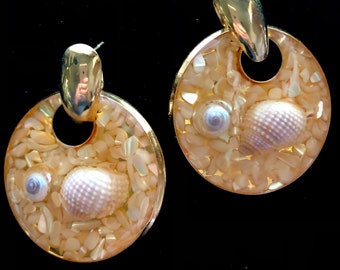 60s Drop Earrings Sea Shells Inset Resin Overlay