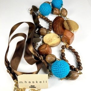 M. Haskell Necklace 1980s 90s New With Tags Wood Fabric Ceramic Beads Long Chain Style image 8