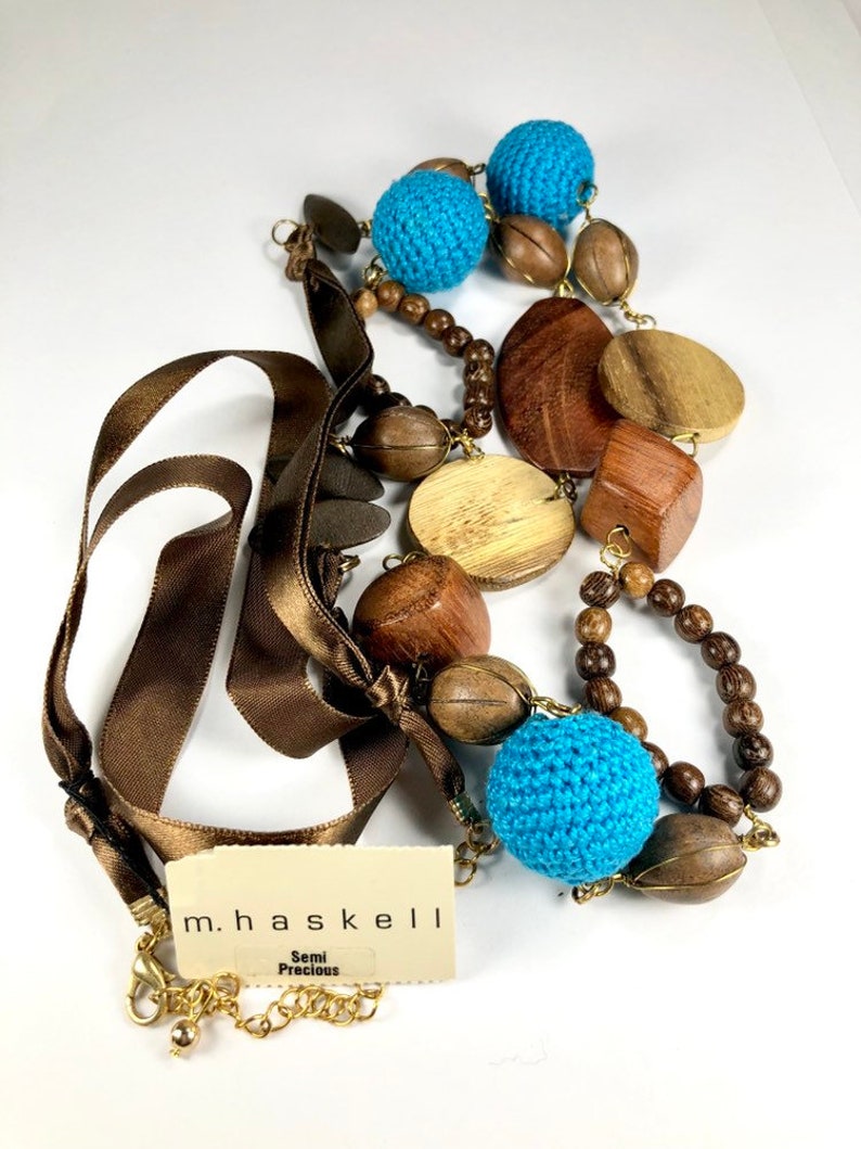 M. Haskell Necklace 1980s 90s New With Tags Wood Fabric Ceramic Beads Long Chain Style image 8