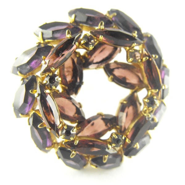 Purple Rhinestone Brooch Substantial Three Tiered Circle Marquis Cut Stones Quality Finish High End Vintage