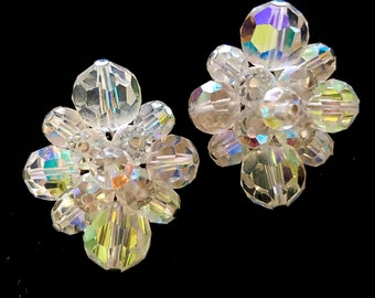 Signed Sherman Earrings Crystal Rhinestone Bead Cluster Clips