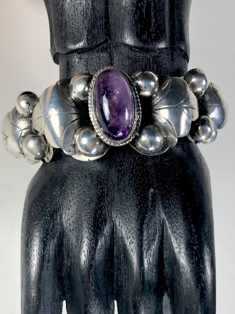 Sterling Amethyst Bracelet Articulated Leaf And Berry Old Mexico