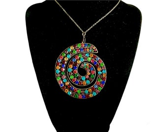 Rhinestone Spiral Pendant Necklace Brilliant Multi Color Beauty