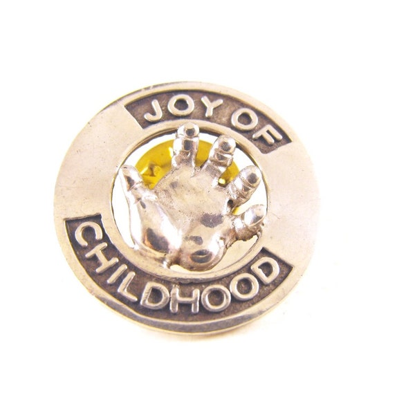 50% Off Sale Sterling Lapel Pin Infants Hand With Message Reading Joy Of Childhood Marked 925