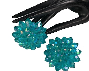 Aqua Burst Earrings Vintage Plastics Clip On Style Attention Grabbers!