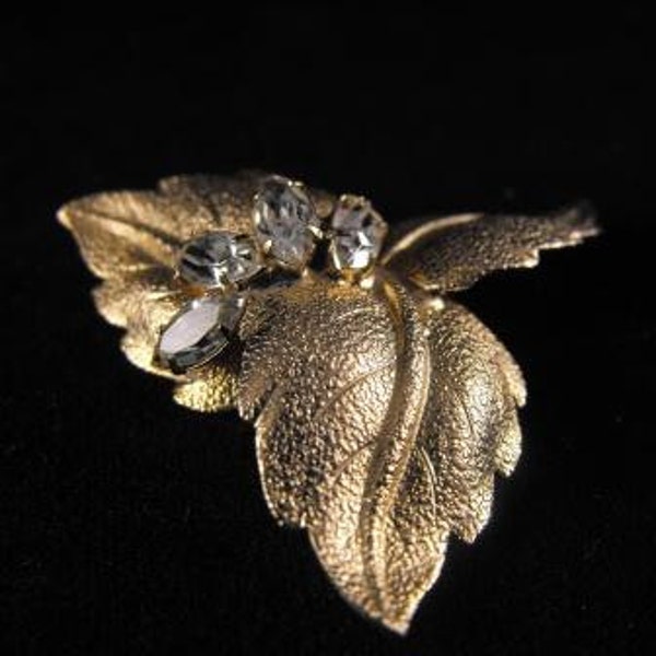 Jewelled Leaves Brooch Rhinestone Gold Tone Jewelry