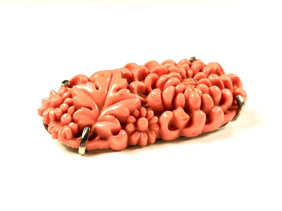 Celluloid Chrysanthemums Brooch Coral Colors Open… - image 1