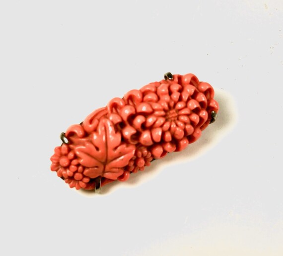 Celluloid Chrysanthemums Brooch Coral Colors Open… - image 7