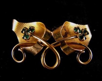 Vintage Brooch Lucky Charm 1/20 12k Yellow Gold Fill Emerald Rhinestones