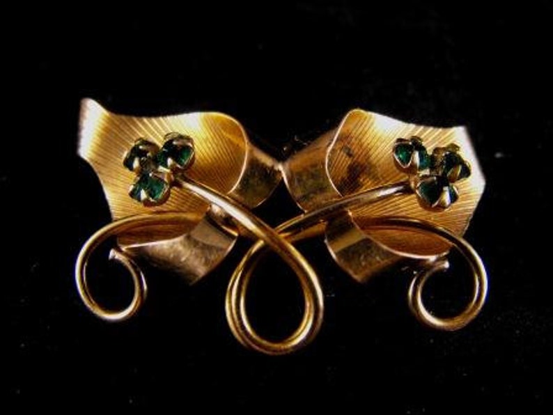 Vintage Brooch Lucky Charm 120 12k Yellow Gold Fill Emerald Rhinestones