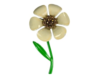 Daisy Flower Brooch Enameled Metals Rhinestone Center