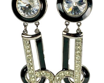 Statement Earrings Art Deco Style Drop Dangles Rivoli Rhinestones Black Enamels