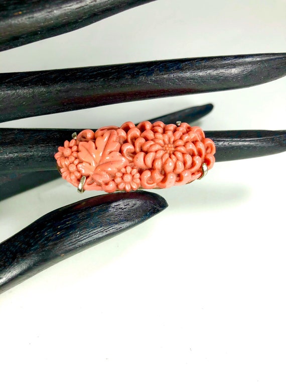 Celluloid Chrysanthemums Brooch Coral Colors Open… - image 6