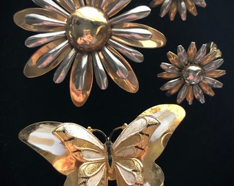 Butterfly Flowers Lot Gold Metallic Brooches Earrings