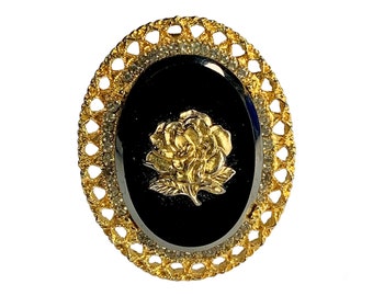 Rose Cameo Pin or Pendant Black Glass Rich Gold Tones Vintage Costume Jewelry