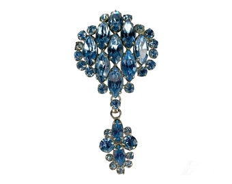 Vintage Rhinestone Brooch Beautiful Blue Hues Charming Dangle