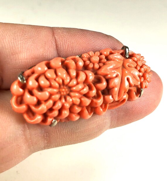 Celluloid Chrysanthemums Brooch Coral Colors Open… - image 9