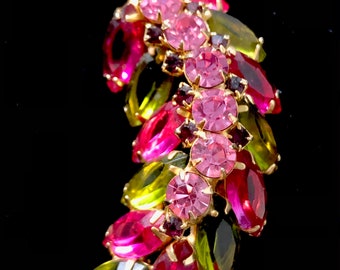 Vintage Rhinestone Brooch Pink and Green Leaf Motif