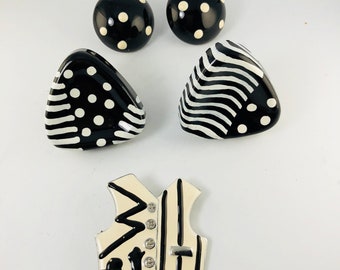 Black and White Jewelry Lot Earrings Brooch Posts & Clips Polkadots Stripes On Cards NOS