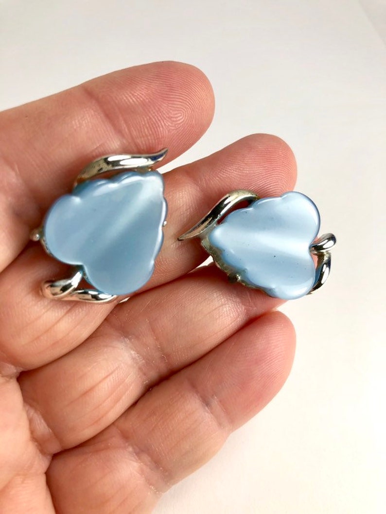 Powder Blue Moonglow Jewelry Set Necklace Brooch Earrings Ring Vintage Parure